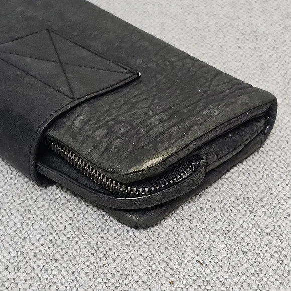 AllSaints Black Distressed Leather Tri Fold Wallet Zip Pocket - Picture 3 of 11